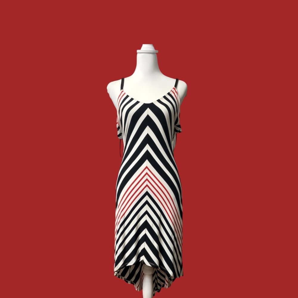 Bebe Black, Red, White Stripe Midi Dress